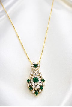Edwardian Emerald and Diamond Drop Pendant Necklace, 18K Yellow Gold