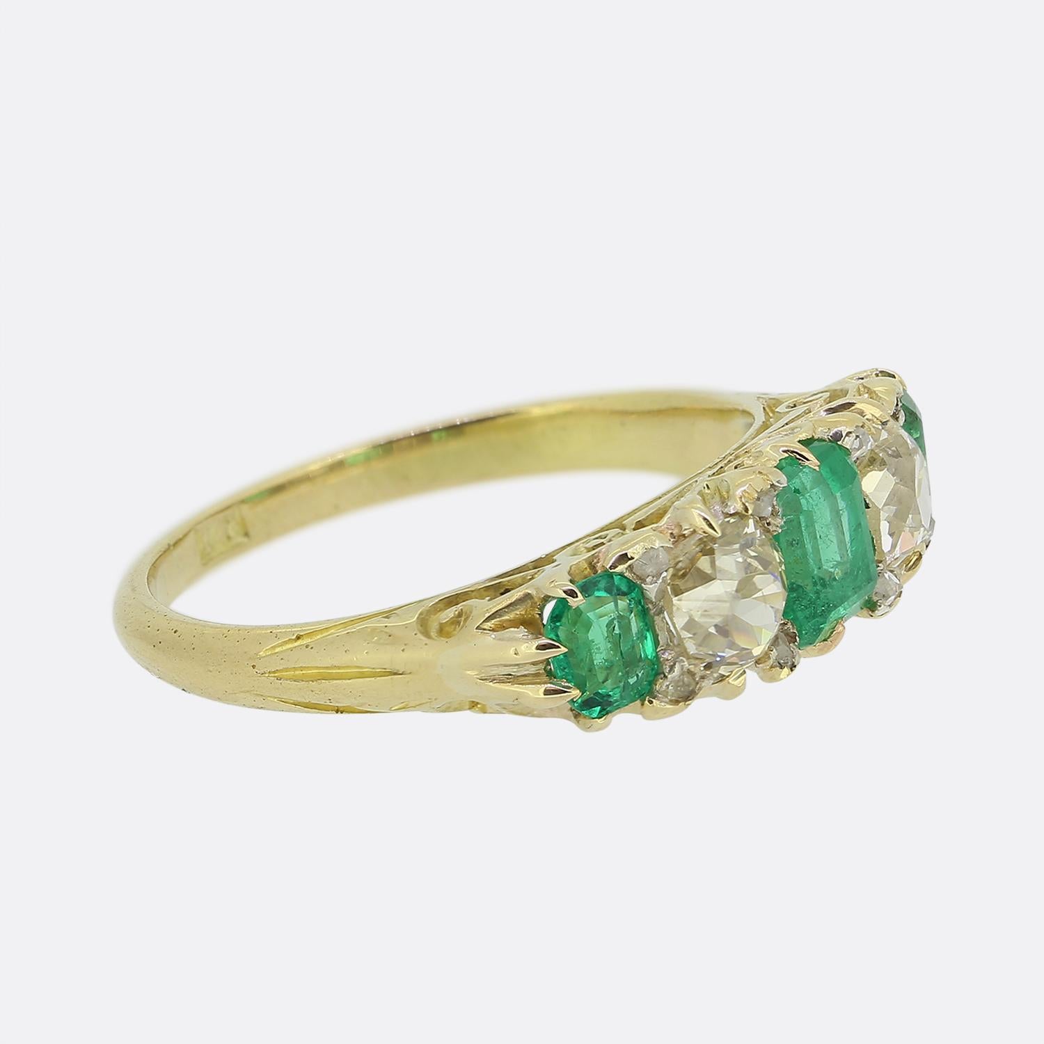 Emerald Cut Edwardian Emerald and Diamond Five Stone Ring For Sale