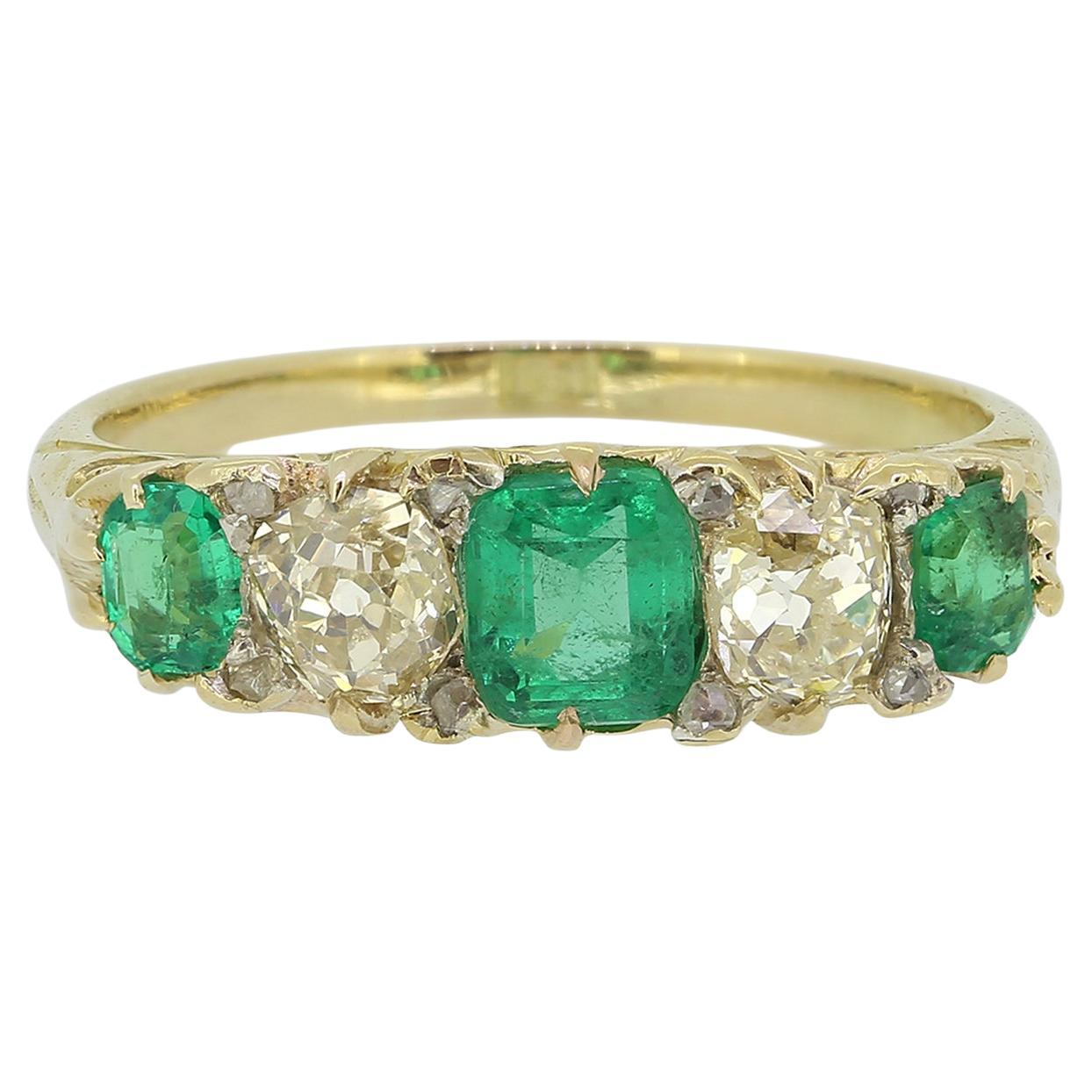 Edwardian Emerald and Diamond Five Stone Ring