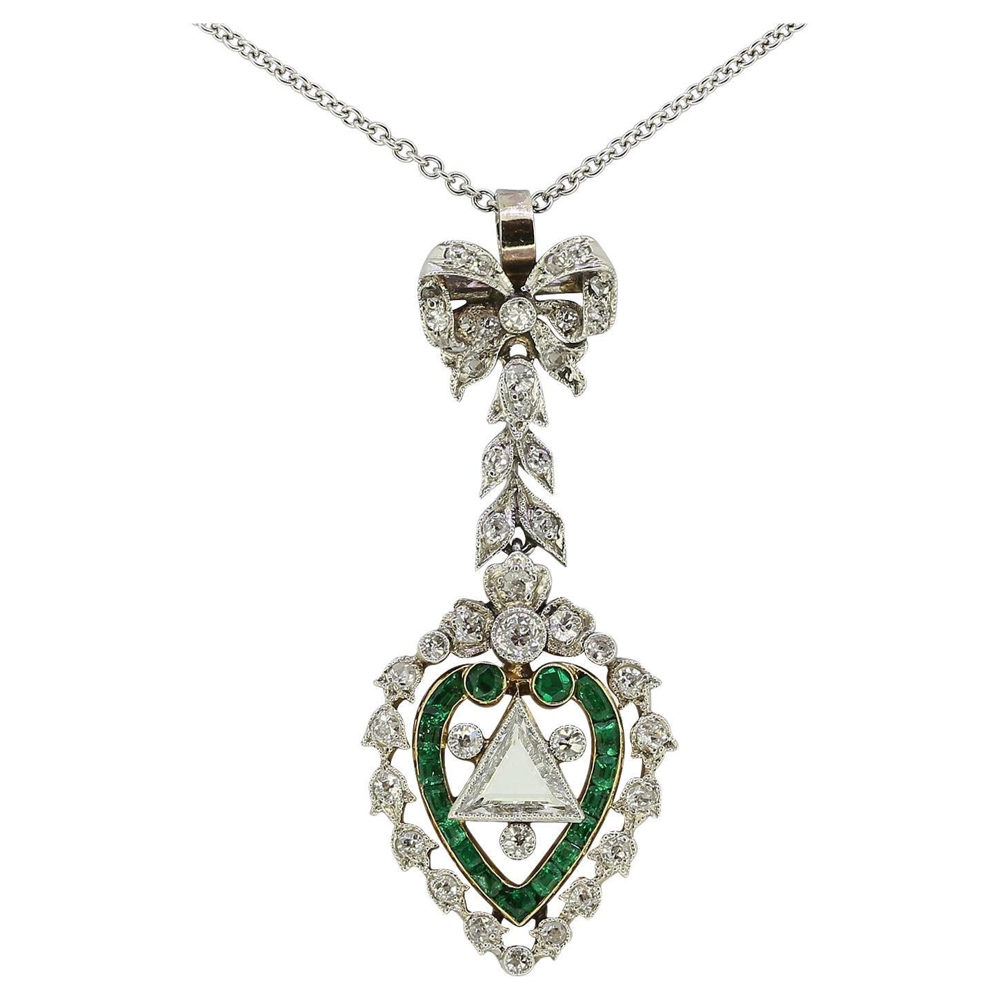 Edwardian Emerald and Diamond Heart Pendant Necklace