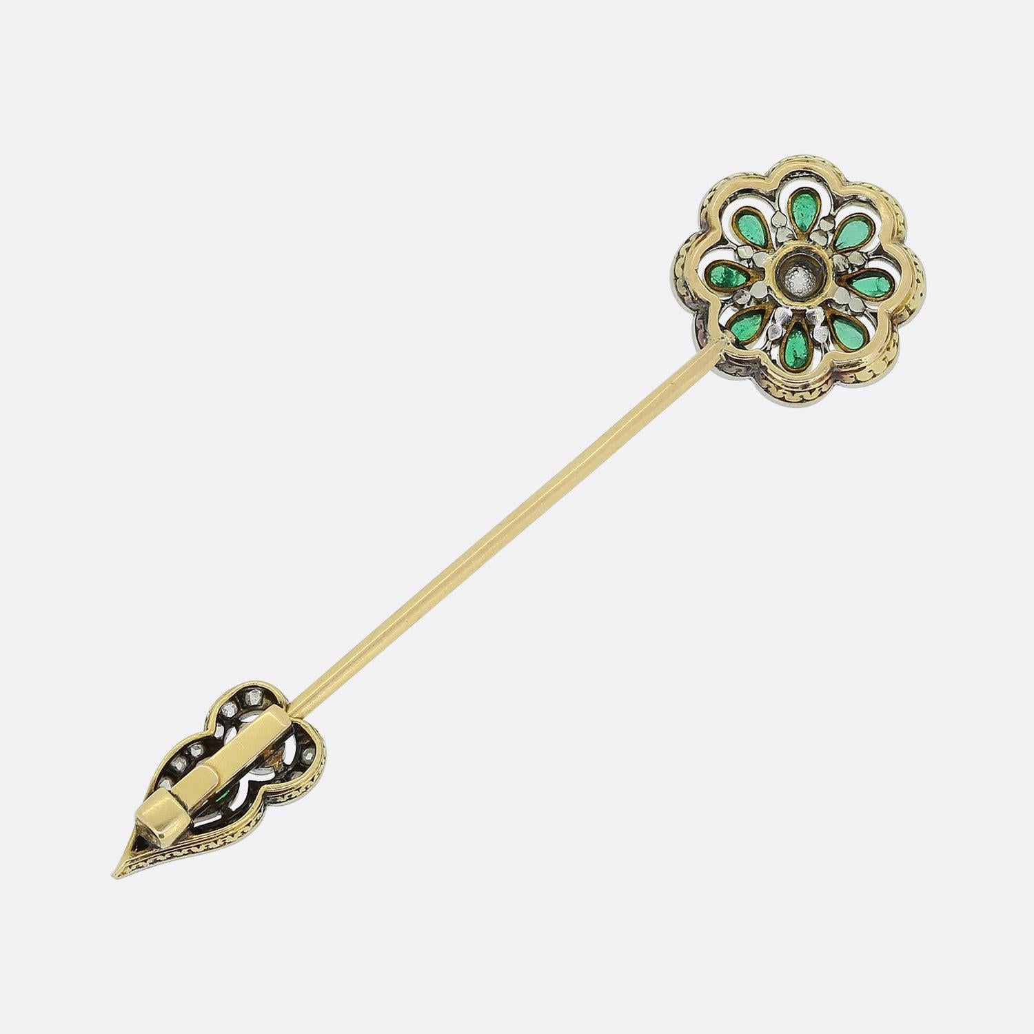 Old Mine Cut Edwardian Emerald and Diamond Jabot Pin For Sale