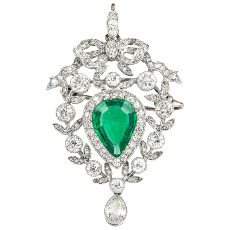 Edwardian Emerald and Diamond Pendant/Brooch For Sale