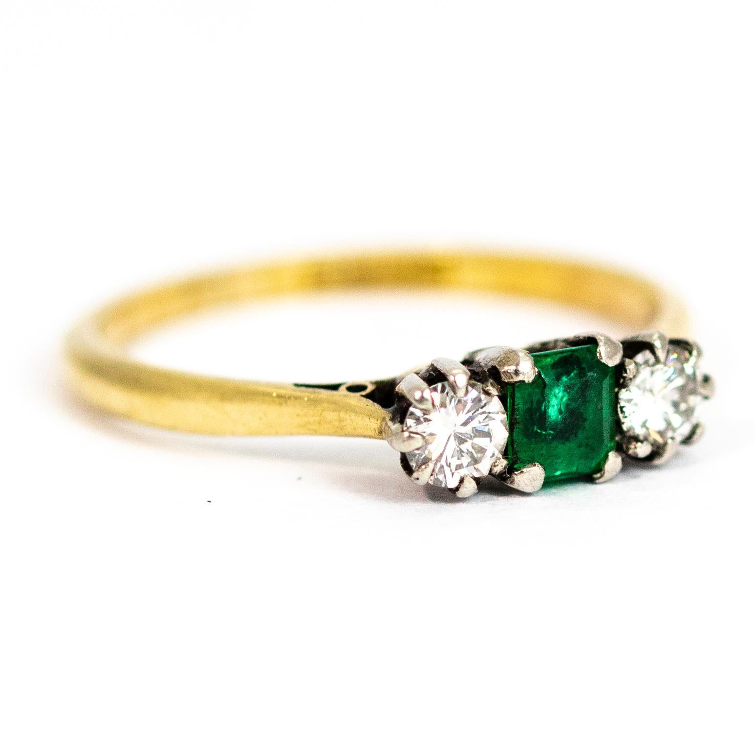 Women's Edwardian Emerald and Diamond Three-Stone 18 Carat Gold Ring