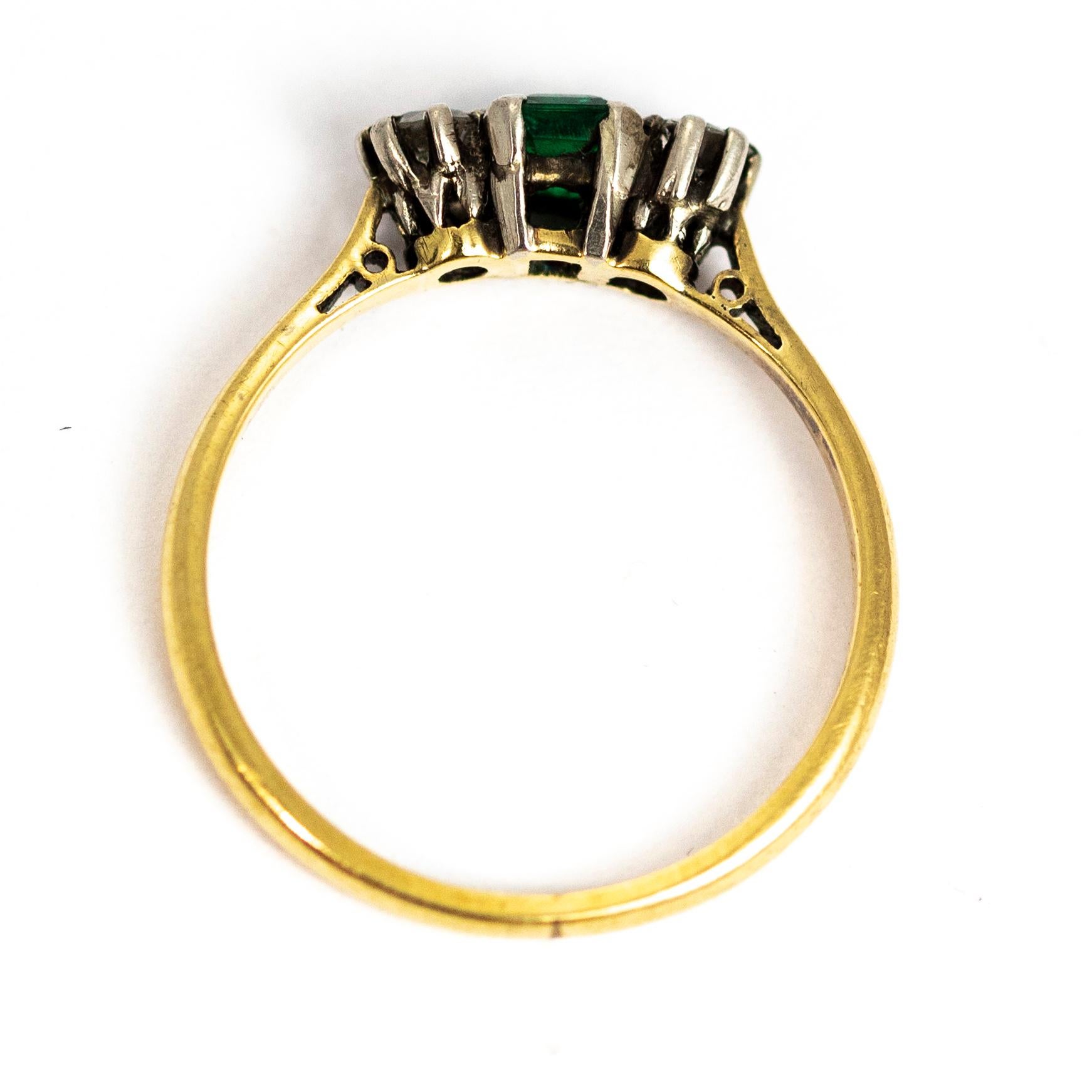 Edwardian Emerald and Diamond Three-Stone 18 Carat Gold Ring 1