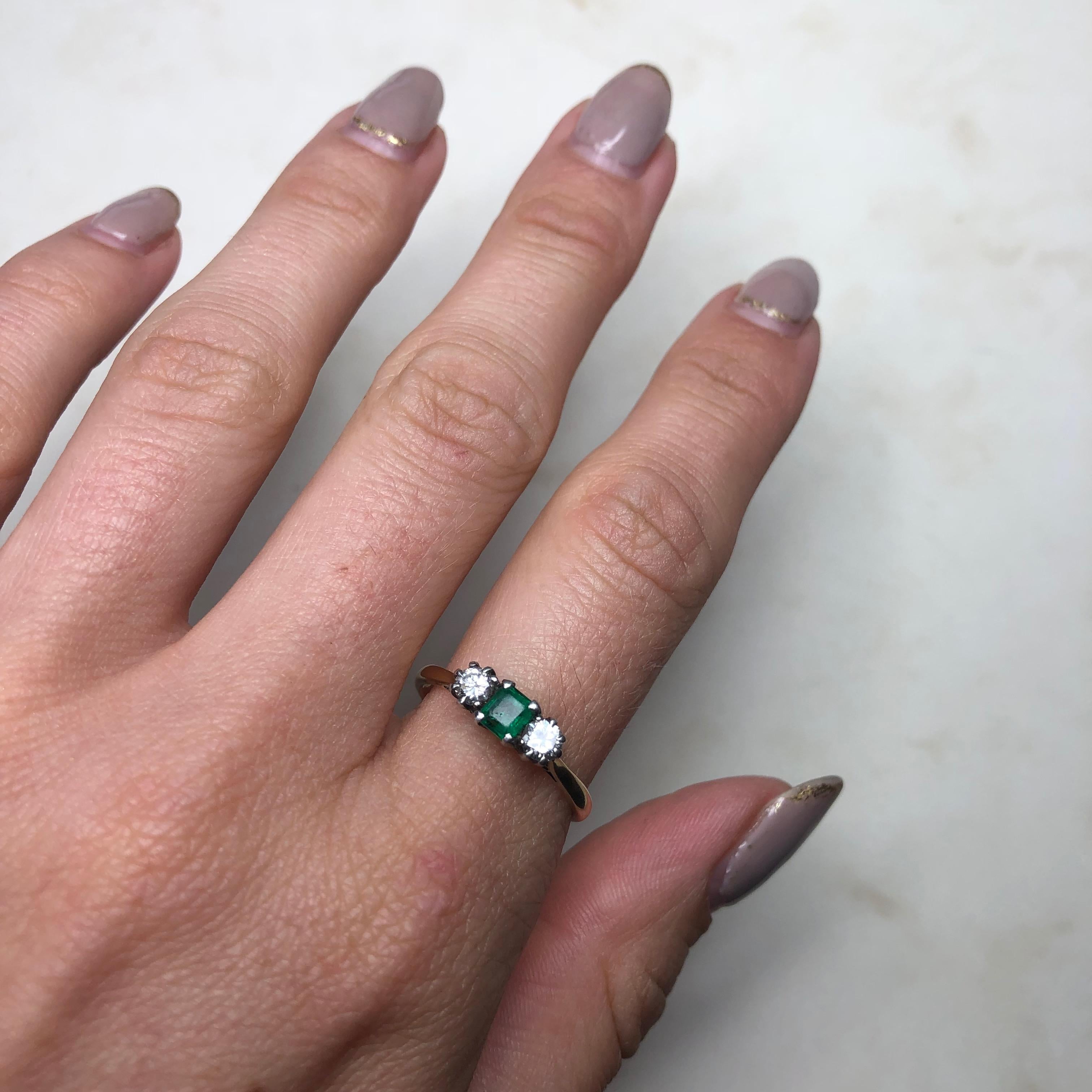 Edwardian Emerald and Diamond Three-Stone 18 Carat Gold Ring 2
