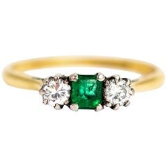 Edwardian Emerald and Diamond Three-Stone 18 Carat Gold Ring