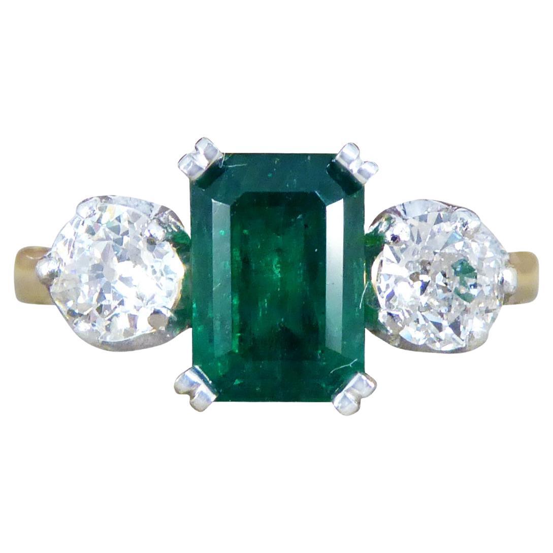Edwardian Emerald and Diamond Three Stone Ring in 18ct Yellow Gold and Platinum For Sale