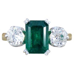 Edwardian Emerald and Diamond Three Stone Ring in 18ct Yellow Gold and Platinum