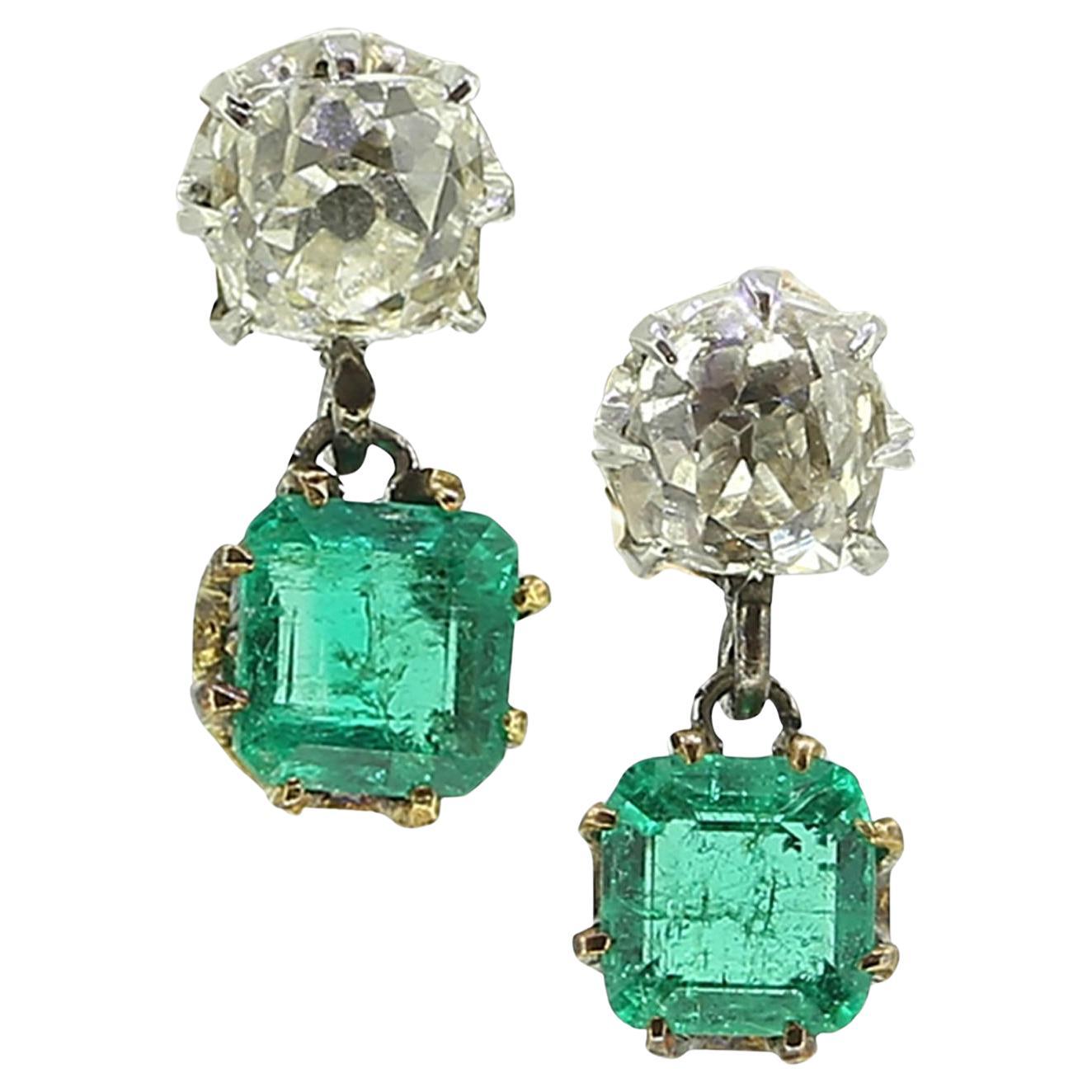 Edwardian Emerald and Diamond Two Stone Drop Earrings