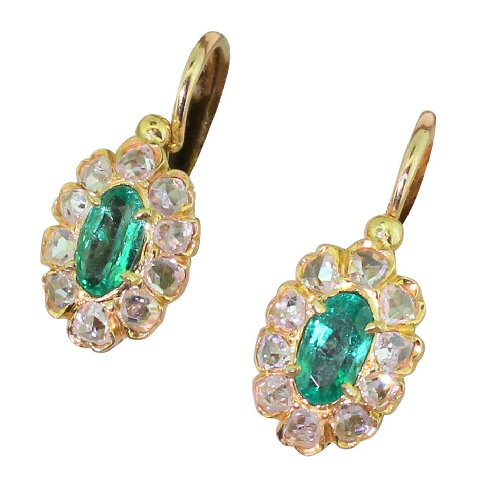Edwardian Emerald and Rose Cut Diamond Marquise Cluster Earrings