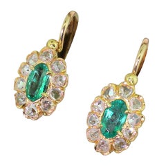 Antique Edwardian Emerald and Rose Cut Diamond Marquise Cluster Earrings
