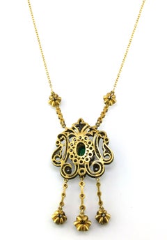 Edwardian Emerald and Rose Cut Diamond Necklace 18 Karat Yellow Gold