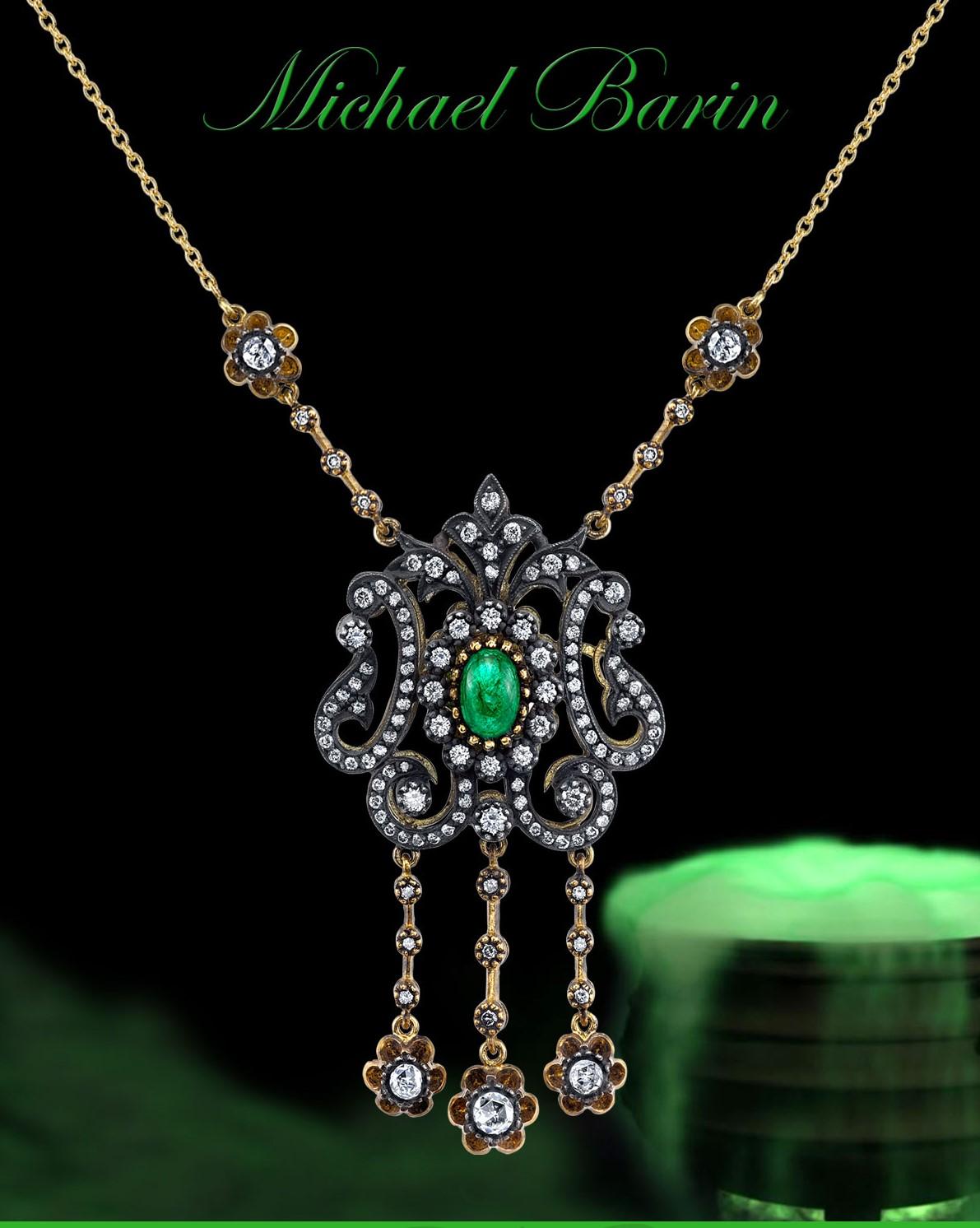 Edwardian Emerald and Rose Cut Diamond Necklace 18 Karat Yellow Gold In New Condition For Sale In Granada Hills, CA