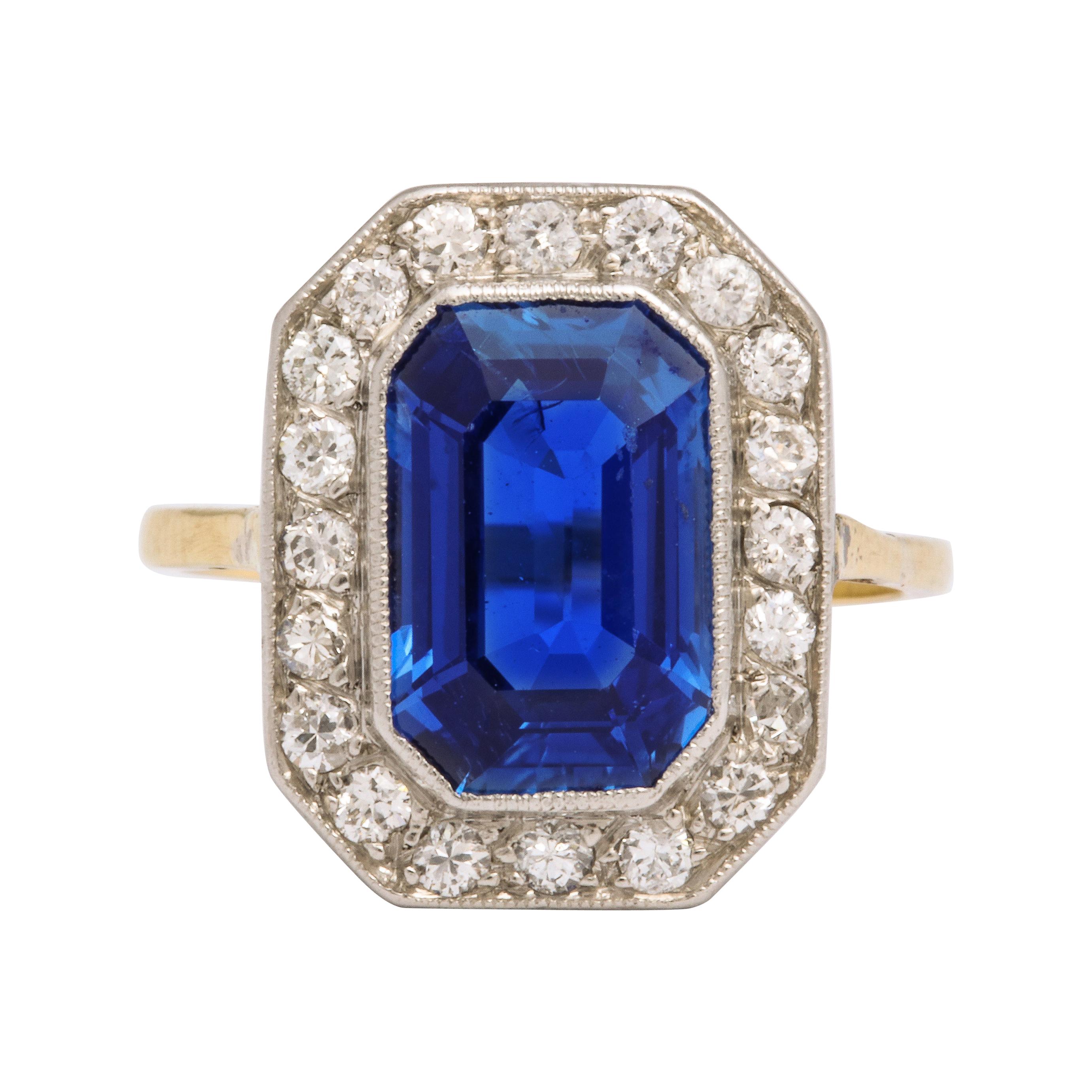 Edwardian Emerald Cut Sapphire Yellow and White Gold Ring