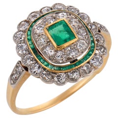 Edwardian emerald diamond 18k gold and platinum cluster ring