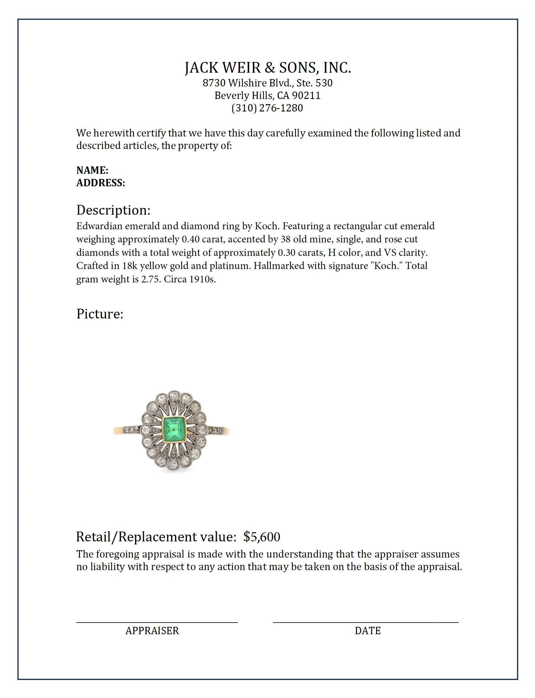 Ring aus 18 Karat Gelbgold mit edwardianischem Smaragd und Diamanten, signiert Koch im Zustand „Hervorragend“ in Beverly Hills, CA