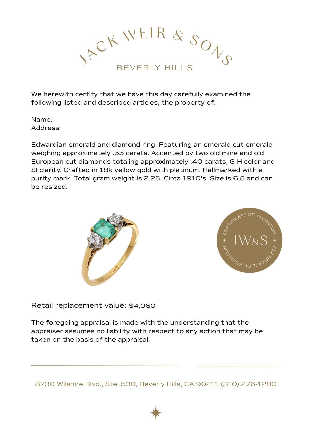 Edwardian emerald diamond 18k yellow gold three stone ring For Sale 3