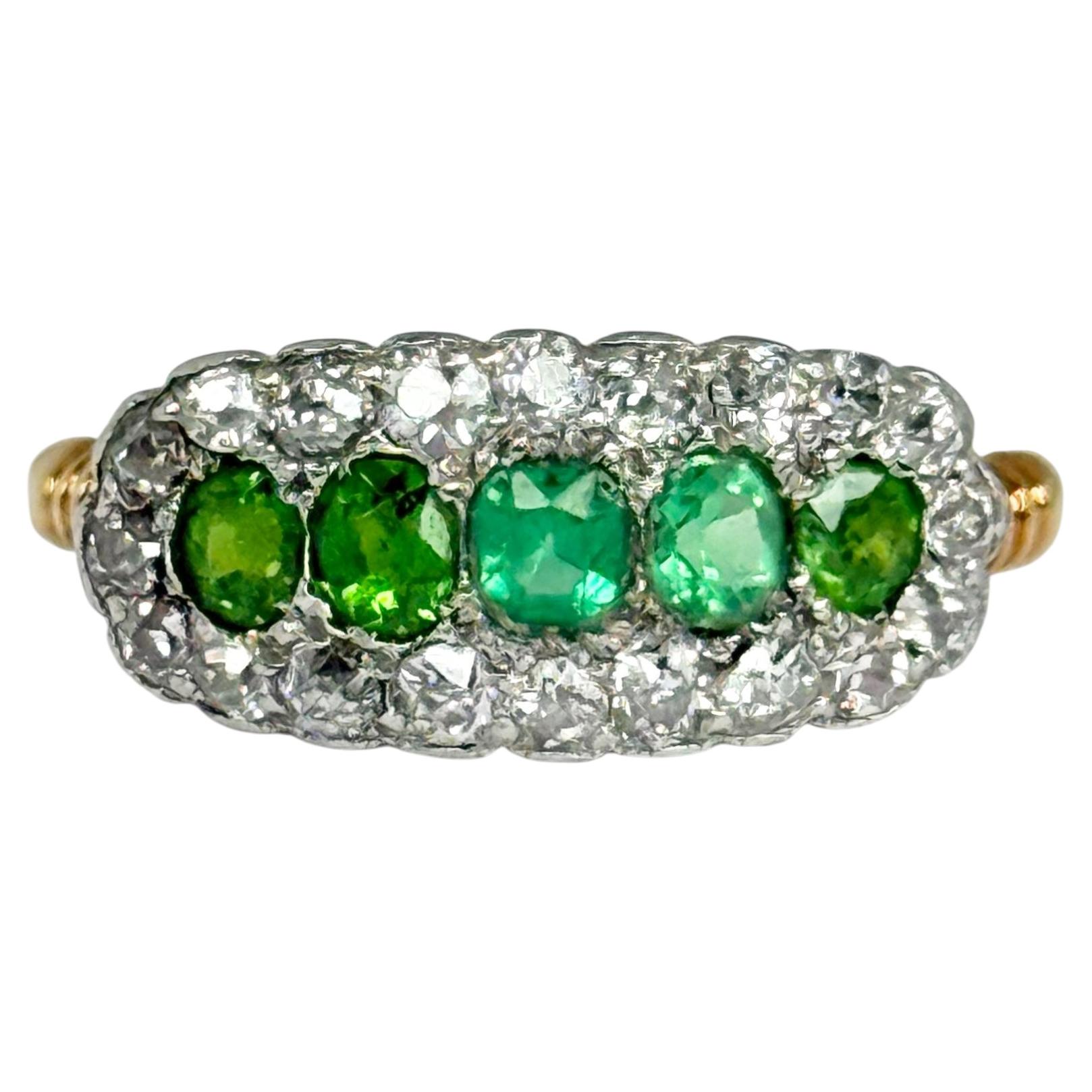 Edwardian Emerald, Diamond and 18 Carat Gold Cluster Panel Ring