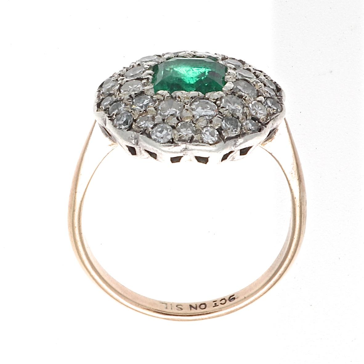 Edwardian Emerald Diamond Gold Cluster Ring In Excellent Condition In Beverly Hills, CA