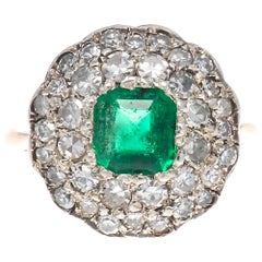 Antique Edwardian Emerald Diamond Gold Cluster Ring