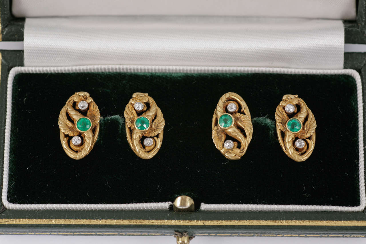 Women's or Men's Edwardian Emerald Diamond Gold Cufflinks