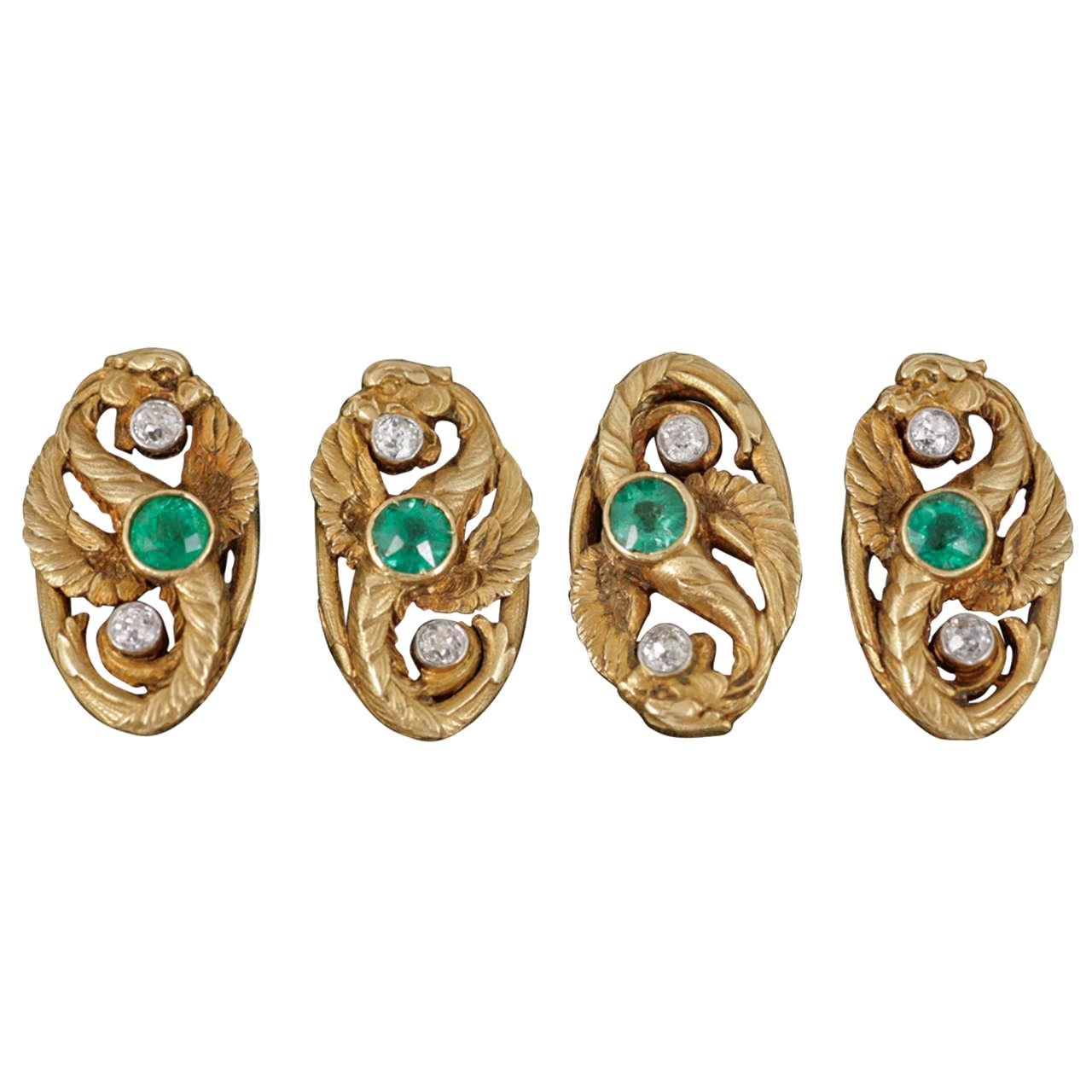Edwardian Emerald Diamond Gold Cufflinks