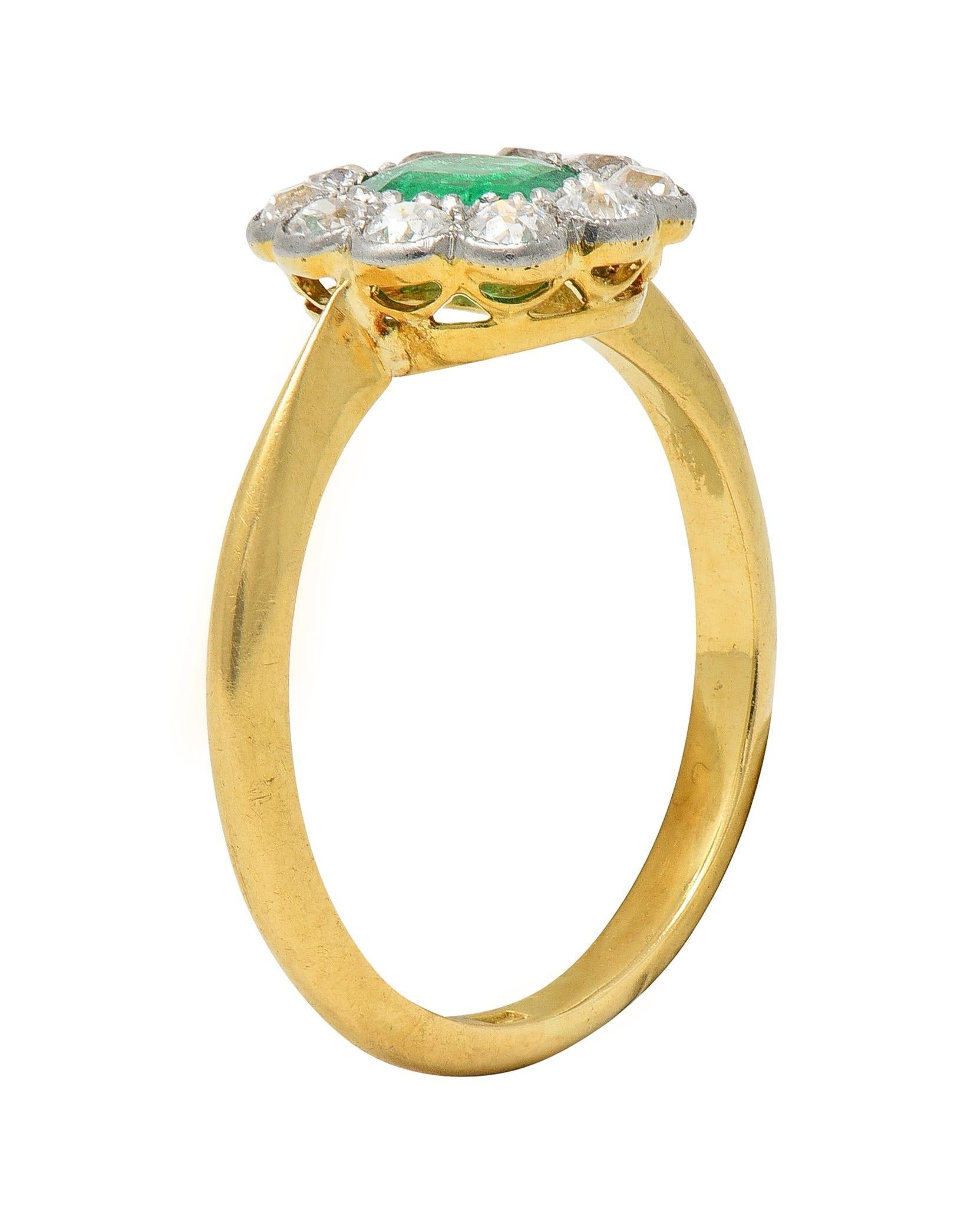 Edwardian Emerald Diamond Platinum 18 Karat Yellow Gold Antique Halo Ring For Sale 1