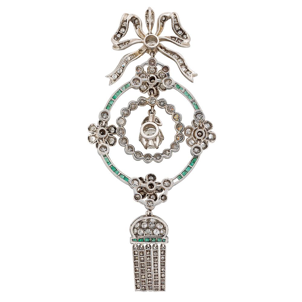 Emerald Cut Edwardian Emerald Diamond Platinum Drop Pendant Necklace