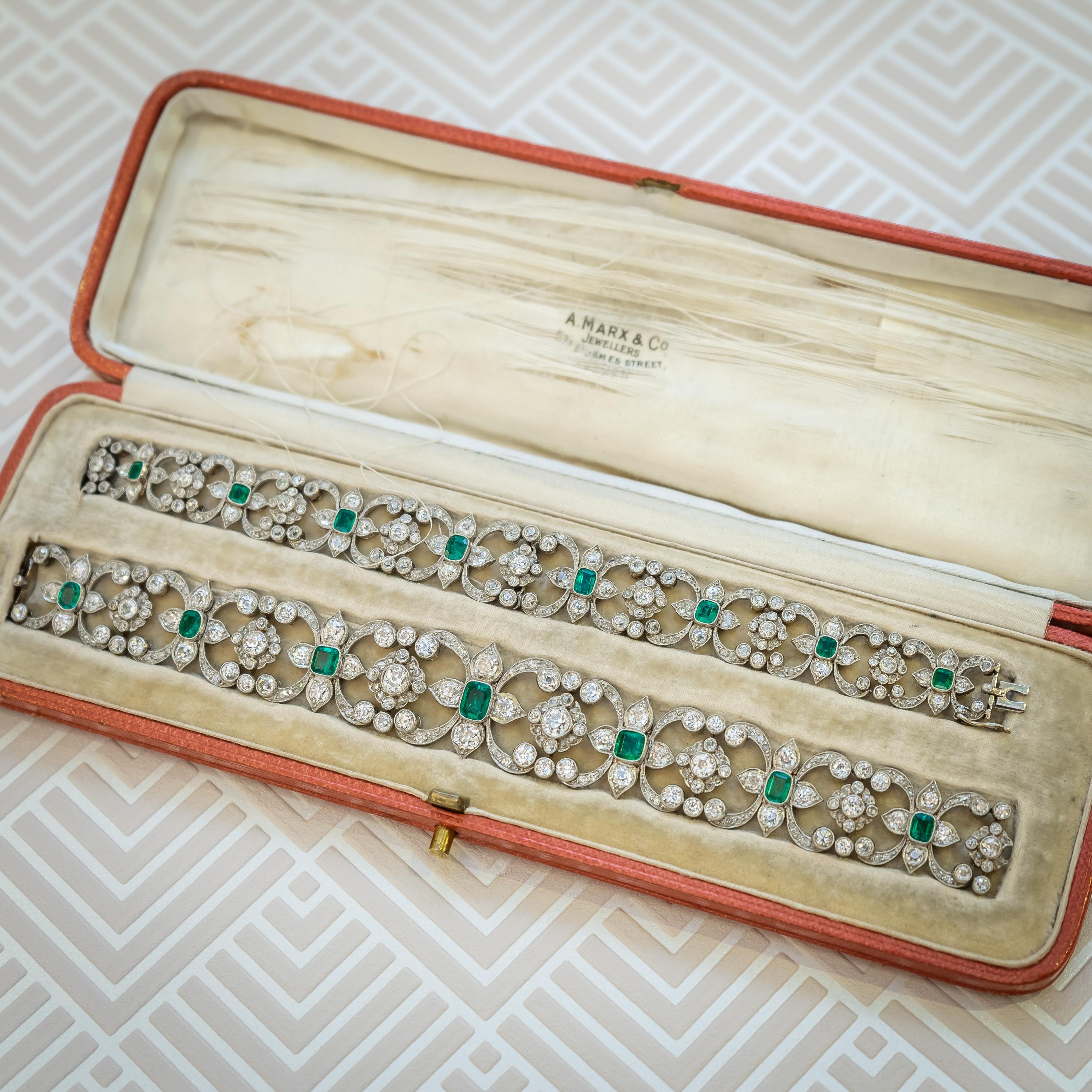 Women's Edwardian Emerald Diamond Platinum Necklace Bracelet 