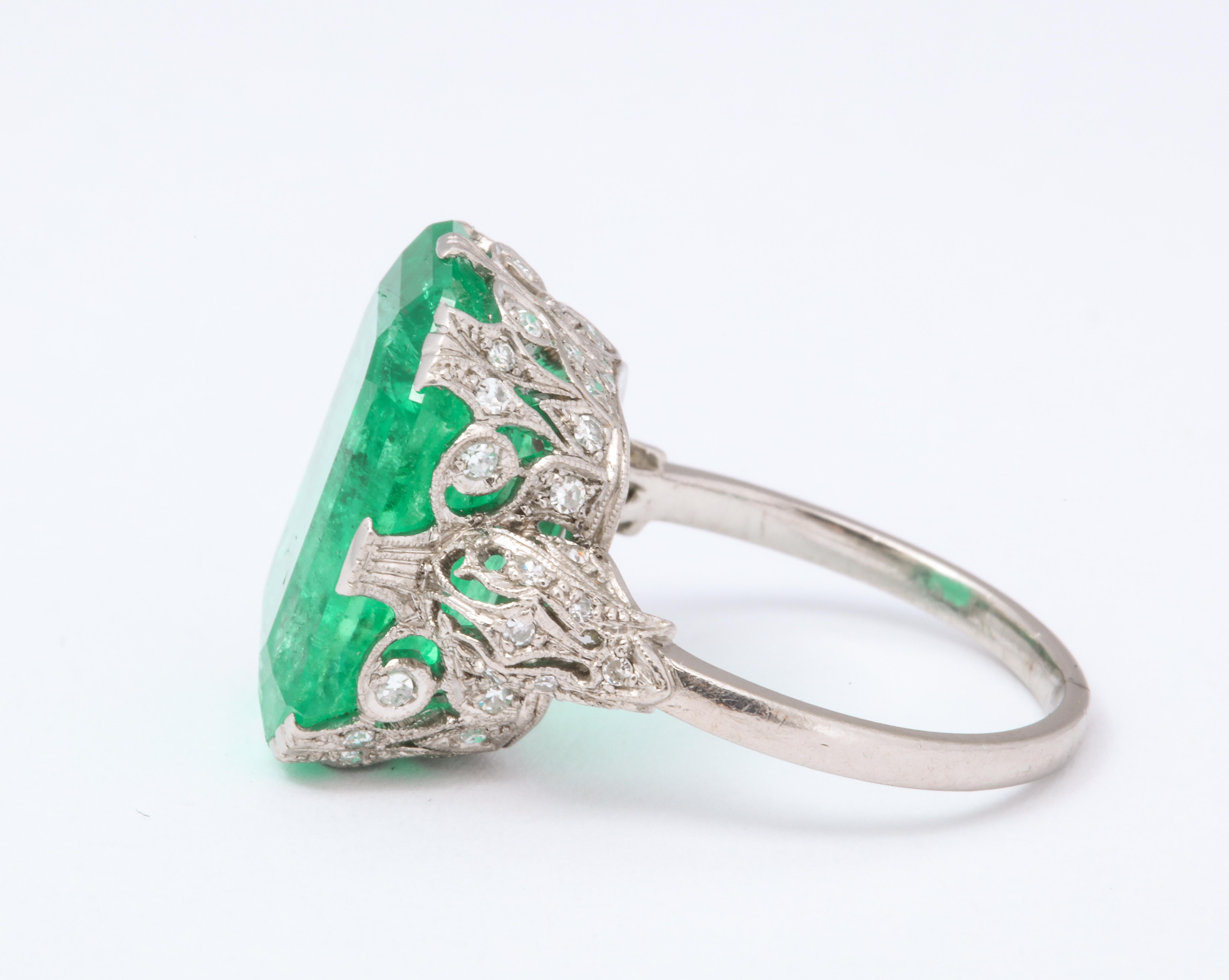 Emerald Cut Edwardian Emerald Diamond Platinum Ring