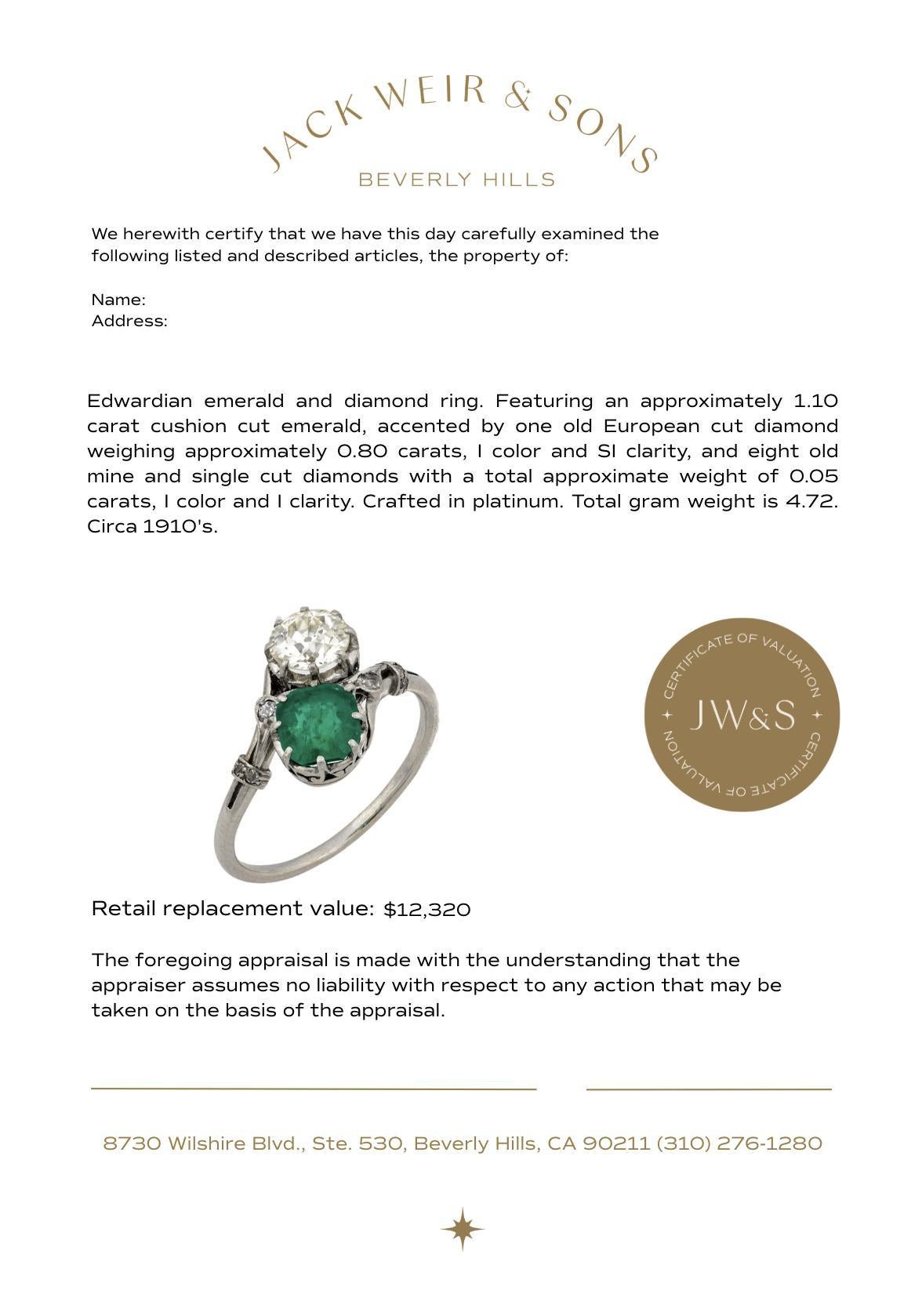 Anello edoardiano con smeraldo e diamante in platino Toi Et Moi In condizioni buone in vendita a Beverly Hills, CA