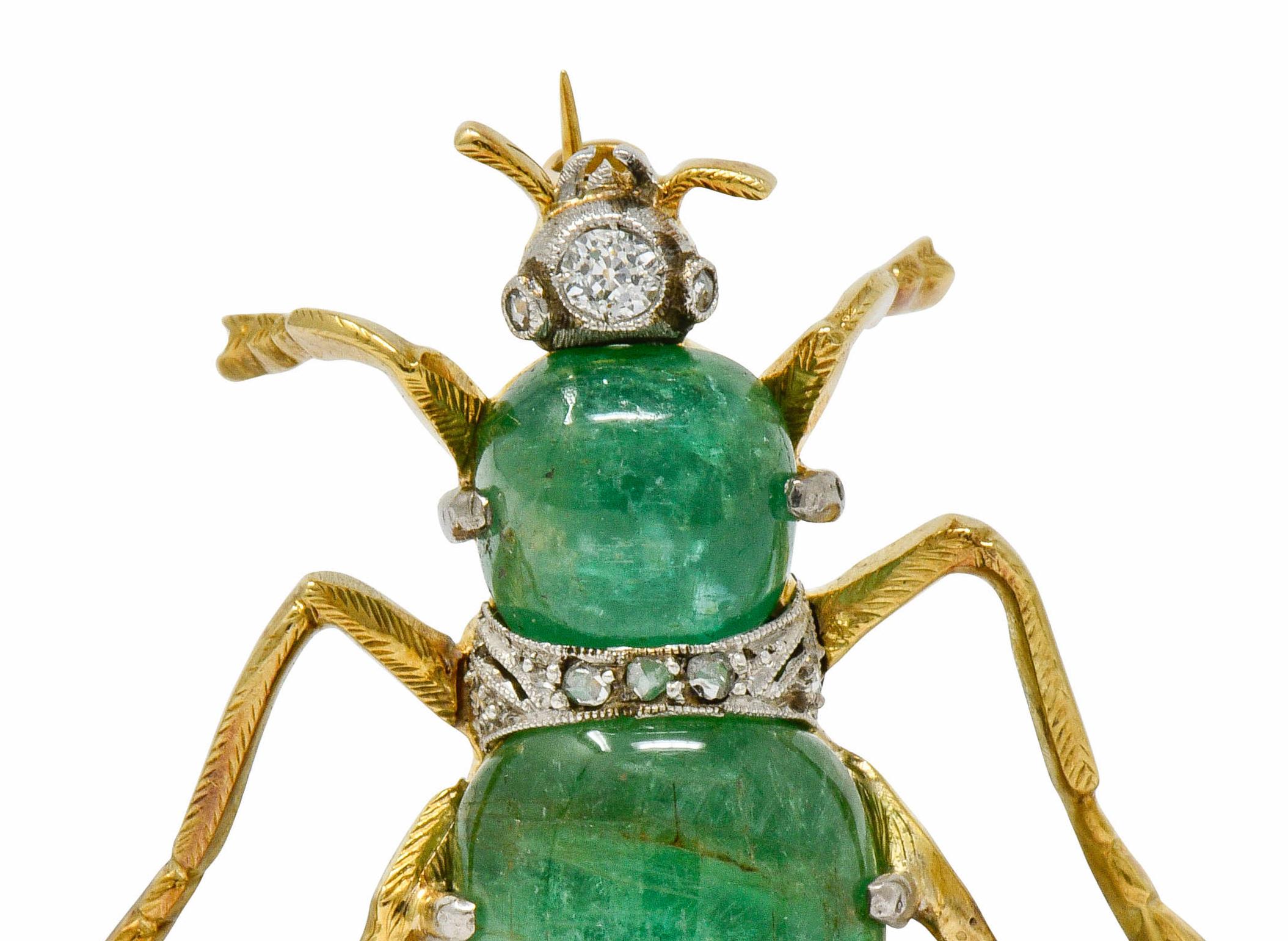 Women's or Men's Edwardian Emerald Diamond Platinum-Topped 14 Karat Gold Insect Brooch
