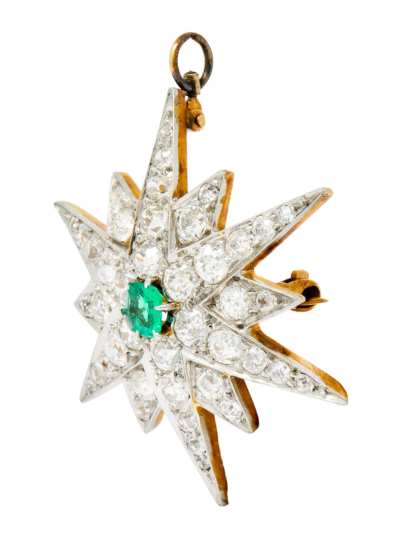 Emerald Cut Edwardian Emerald Diamond Platinum-Topped 14 Karat Gold Starburst Pendant Brooch