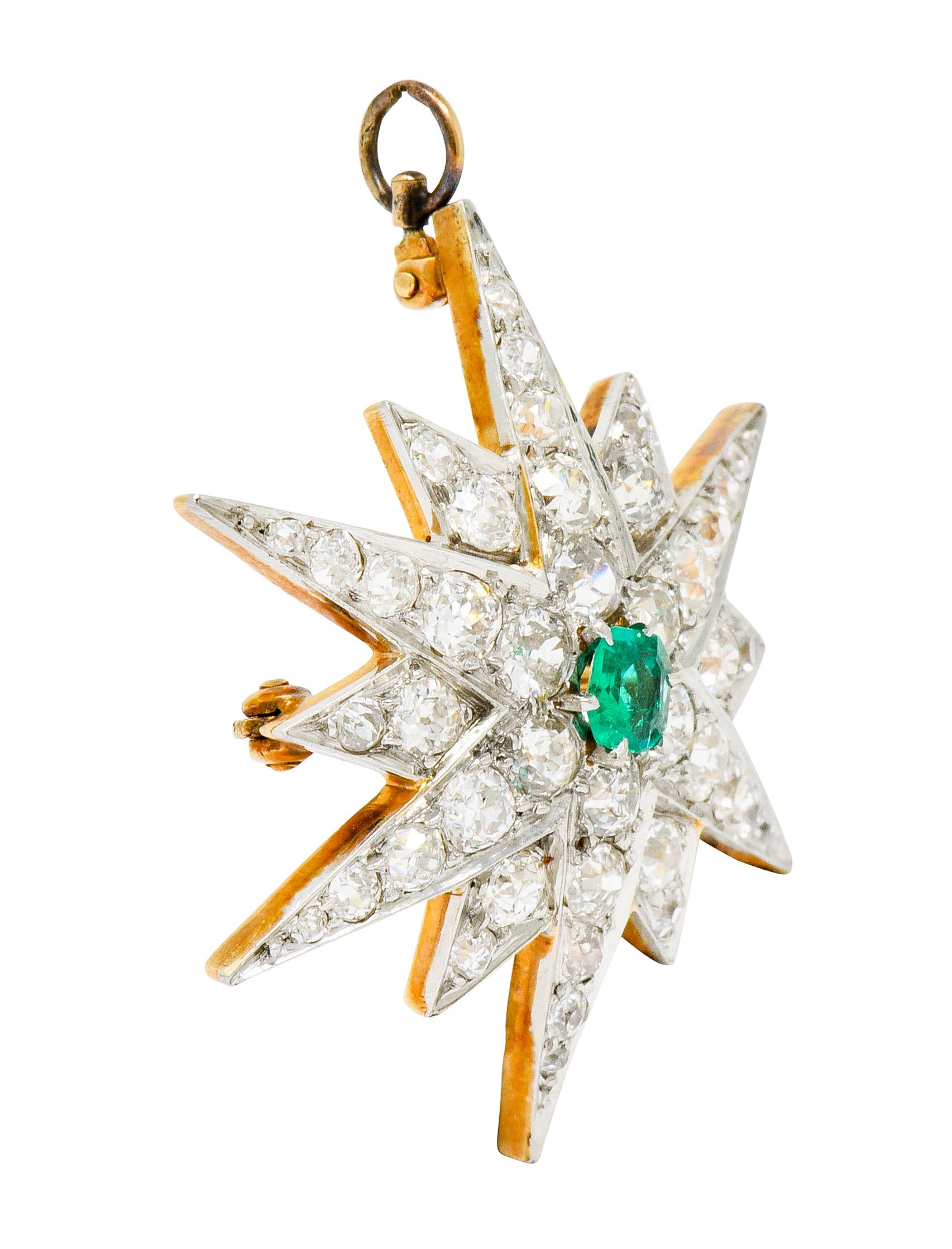 Edwardian Emerald Diamond Platinum-Topped 14 Karat Gold Starburst Pendant Brooch In Excellent Condition In Philadelphia, PA