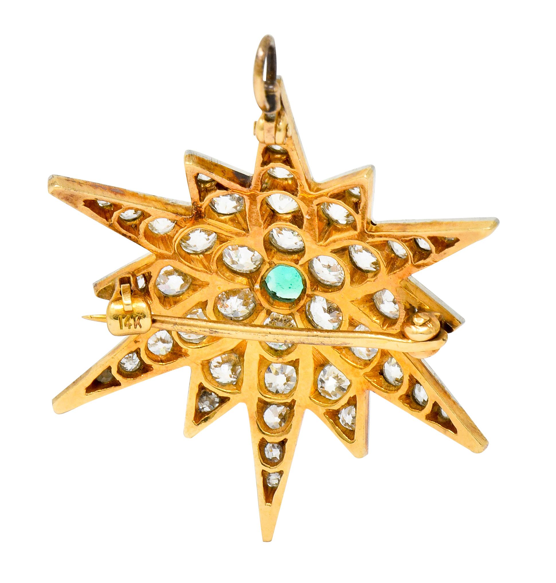 Women's or Men's Edwardian Emerald Diamond Platinum-Topped 14 Karat Gold Starburst Pendant Brooch