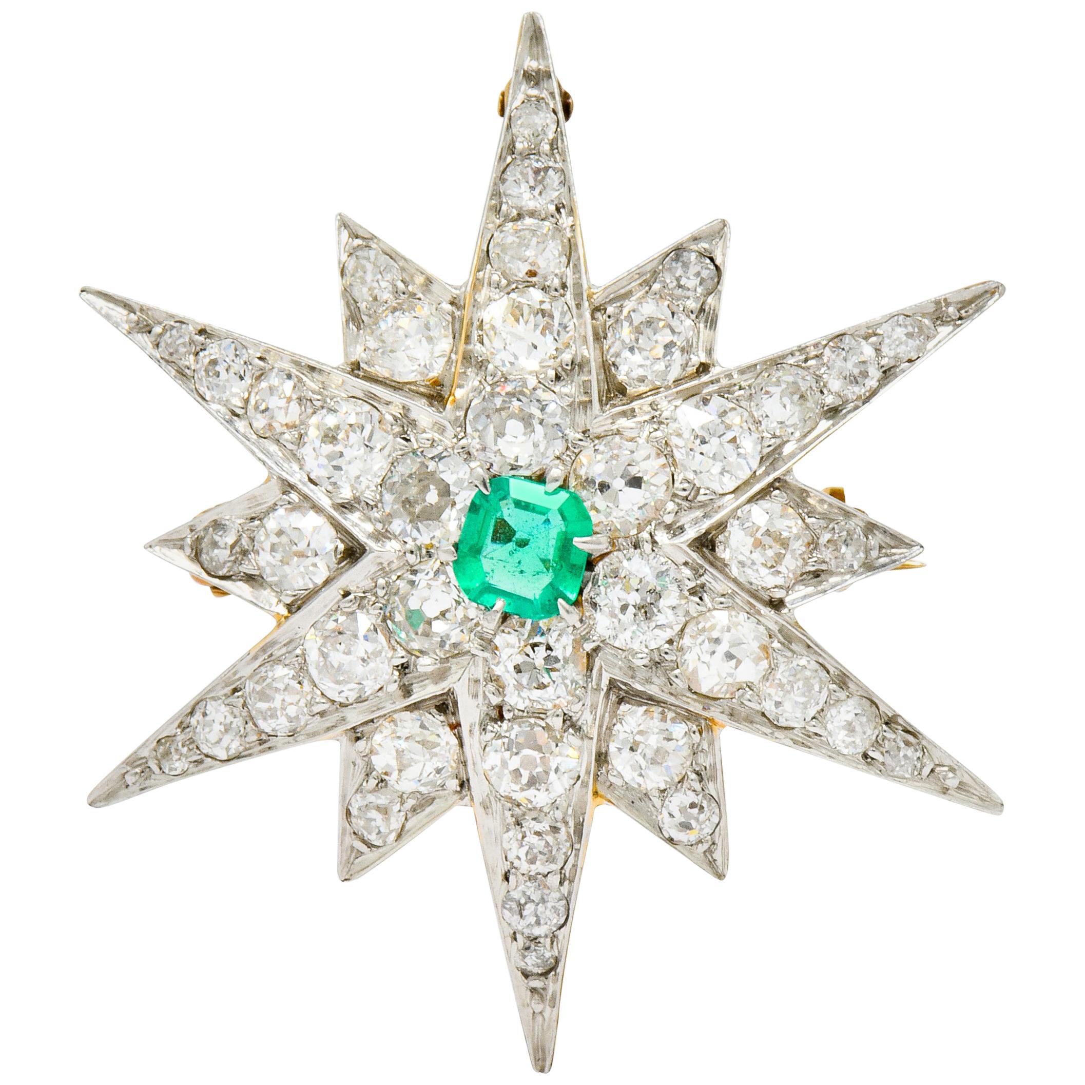 Edwardian Emerald Diamond Platinum-Topped 14 Karat Gold Starburst Pendant Brooch