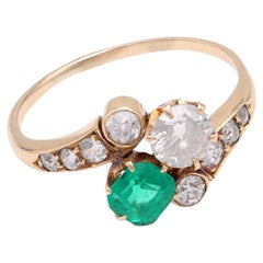 Antique Edwardian Emerald Diamond Toi Et Moi Yellow Gold Ring