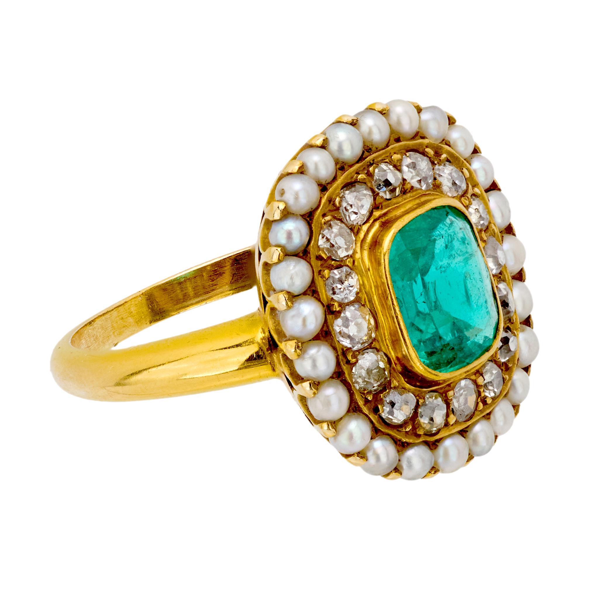 Cushion Cut Edwardian emerald old mine diamond seed pearl 14k yellow gold ring