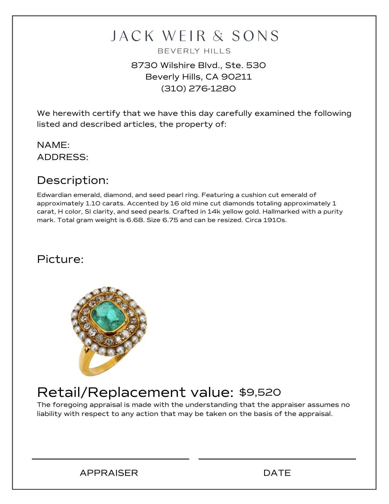 Edwardian emerald old mine diamond seed pearl 14k yellow gold ring In Excellent Condition In Beverly Hills, CA