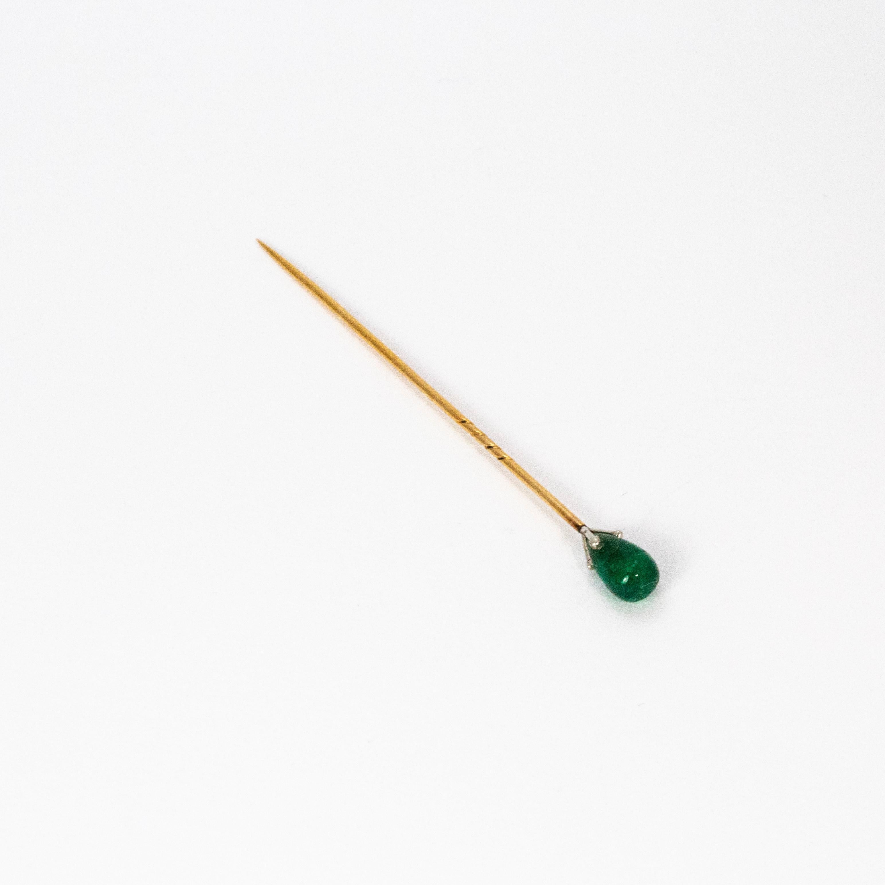 Women's or Men's Edwardian Emerald Platinum Top and 18 Karat Yellow Gold Stick Pin Brooch