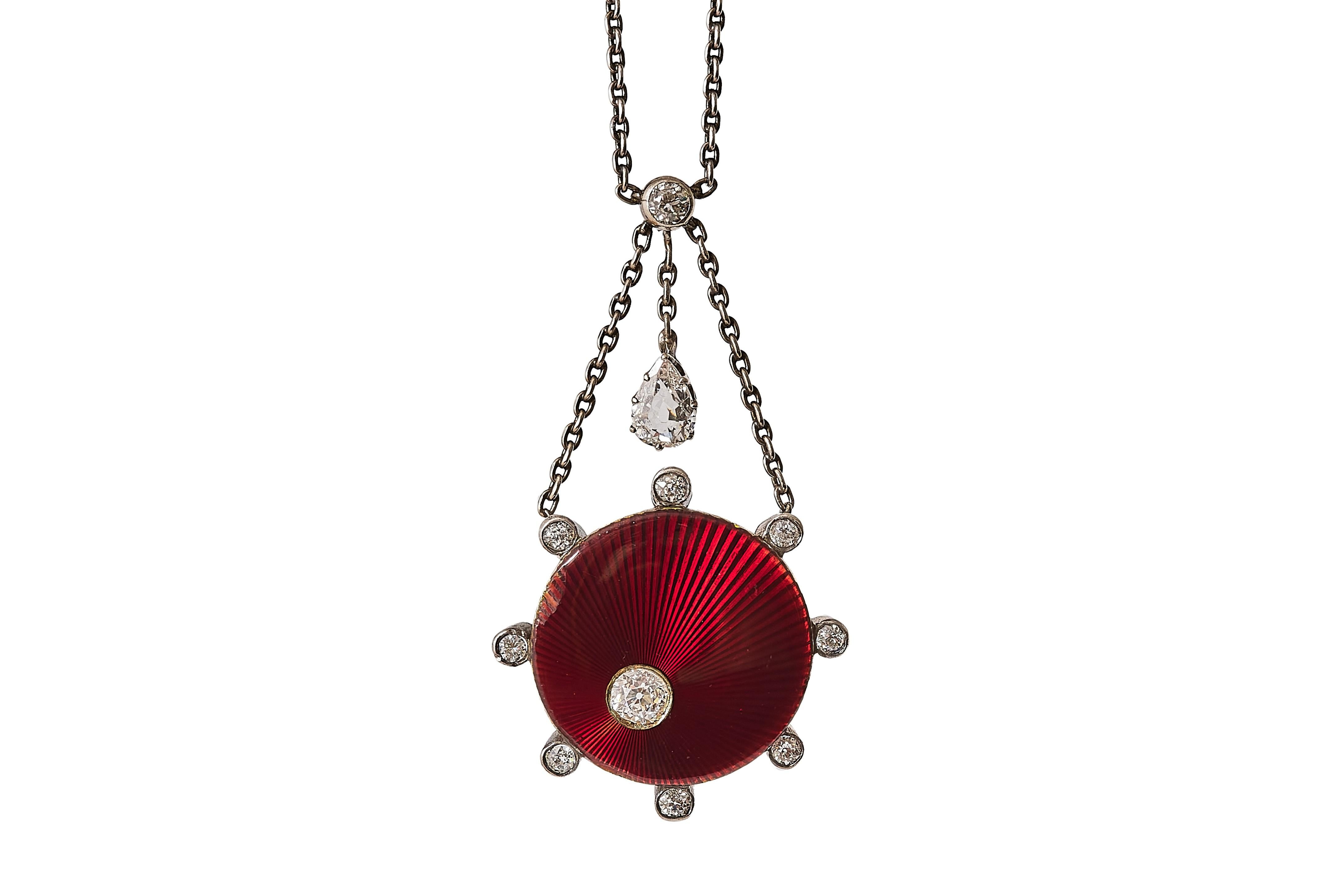 Taglio a goccia Collana edoardiana in smalto e diamanti, 1910 circa. in vendita