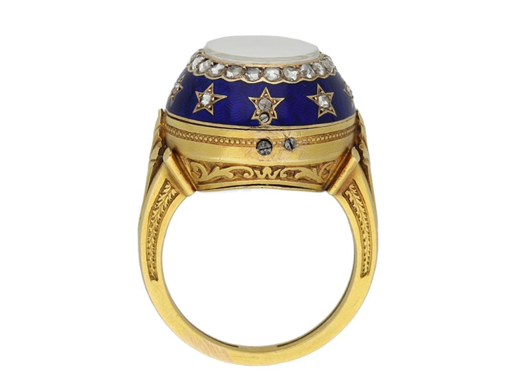 Rose Cut Edwardian enamel and diamond watch ring, circa 1910.  For Sale