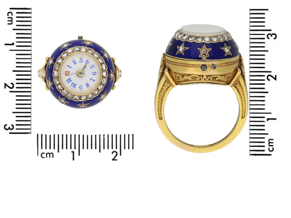Women's or Men's Edwardian enamel and diamond watch ring, circa 1910.  For Sale