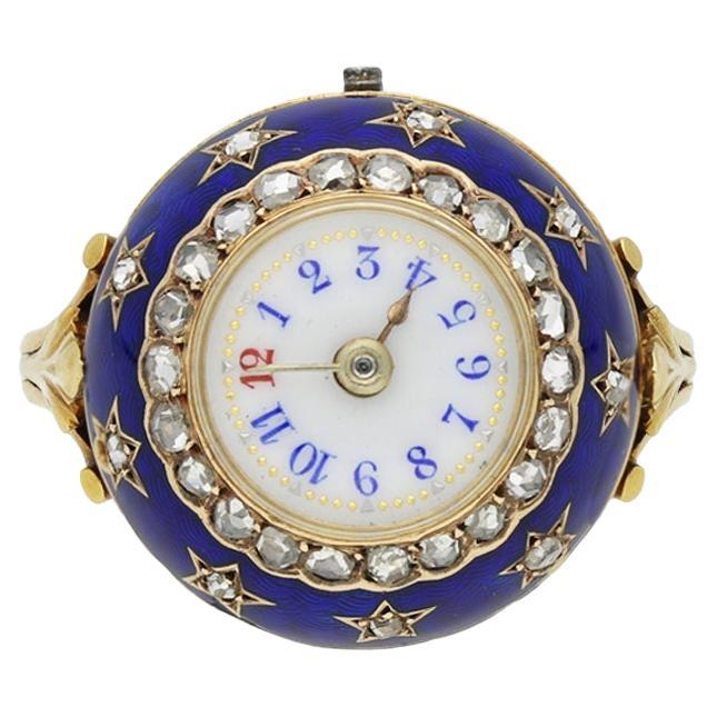 Edwardian enamel and diamond watch ring, circa 1910.  For Sale