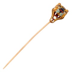 Edwardian Enamel Diamond Pearl 14K Rose Gold Platinum Antique Tiger Stickpin