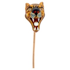 Edwardian Enamel Diamond Pearl 14K Rose Gold Platinum Antique Tiger Stickpin