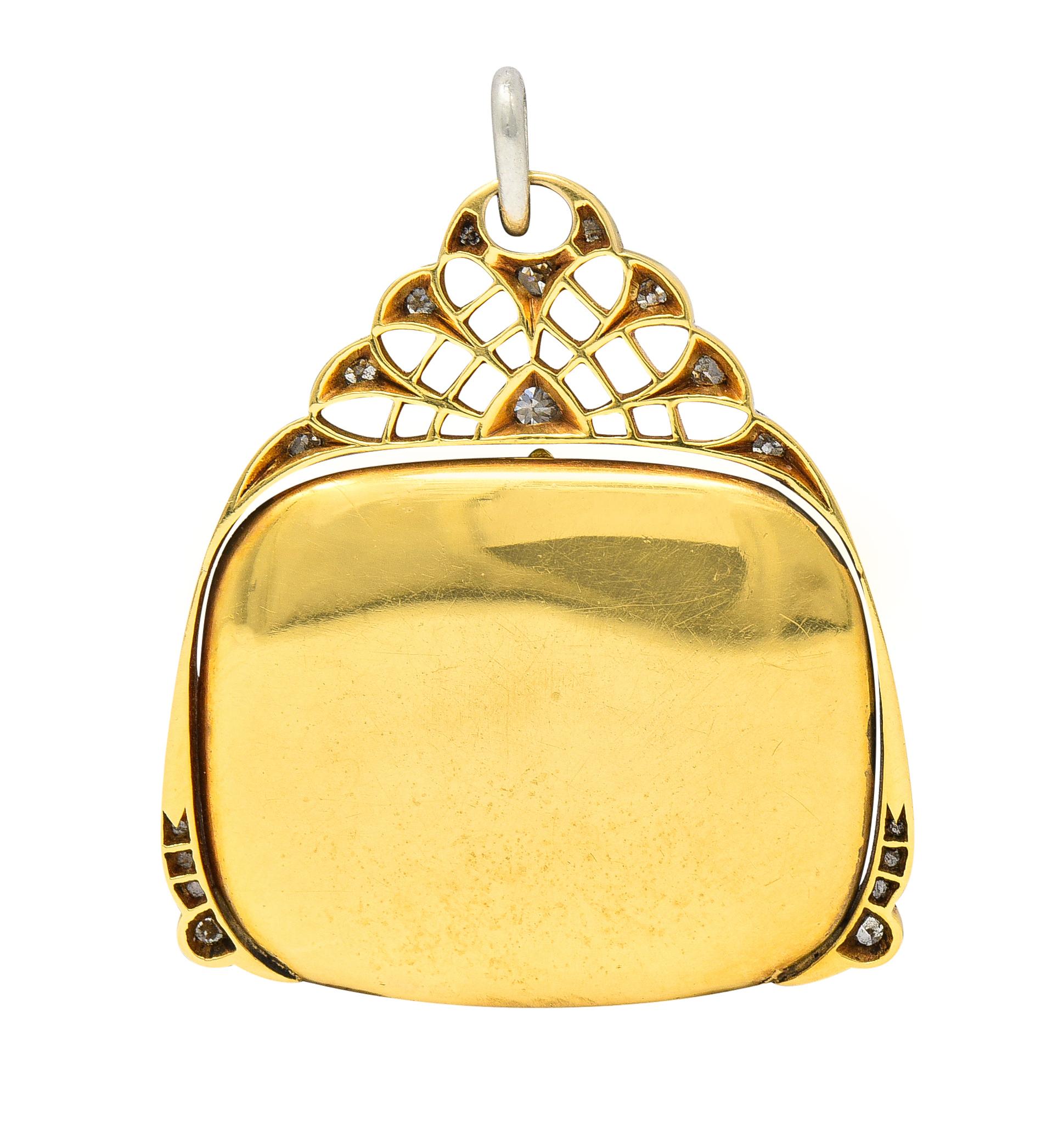 Edwardian Enamel Diamond Platinum-Topped 18 Karat Yellow Gold Pendant In Excellent Condition For Sale In Philadelphia, PA