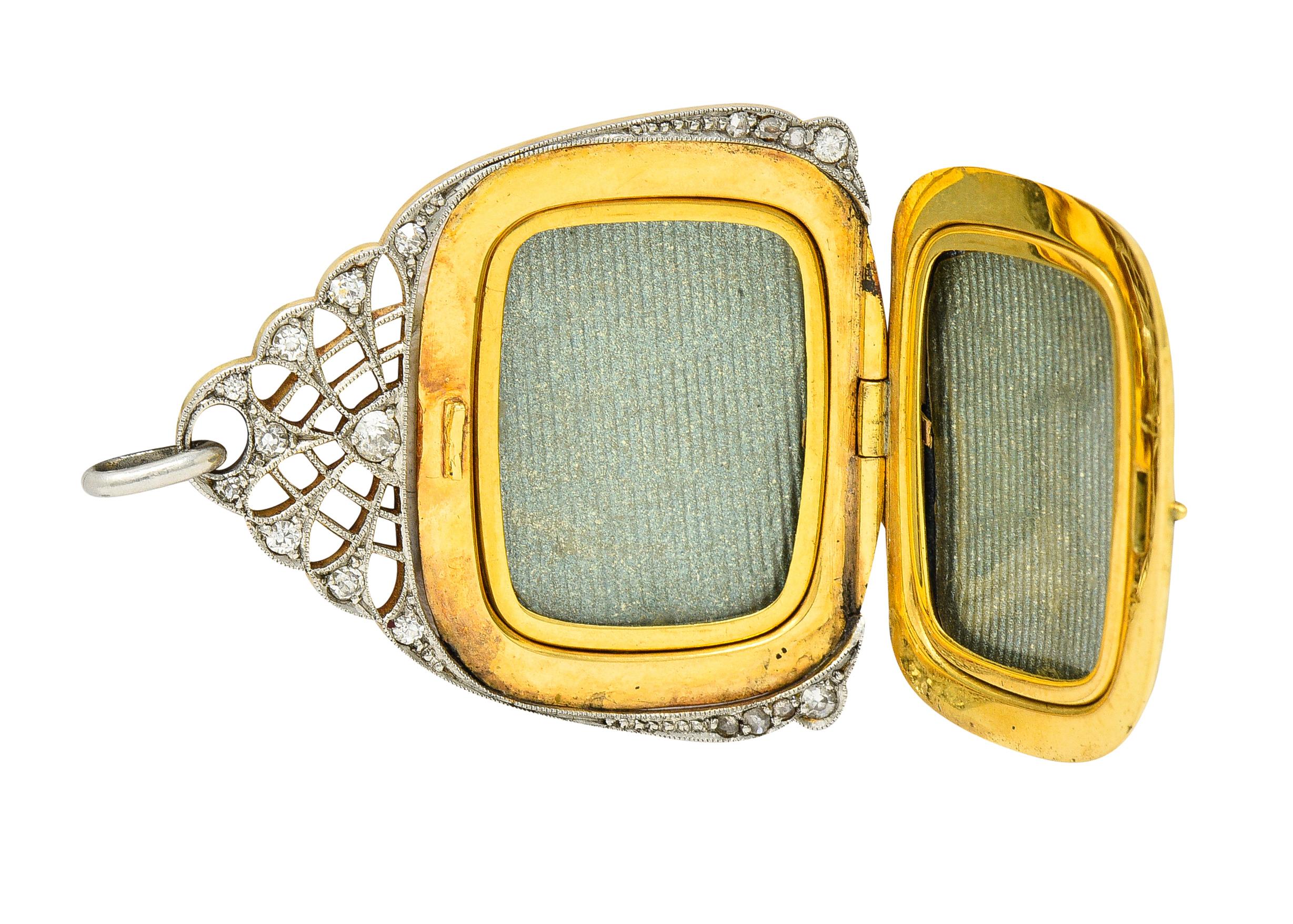 Edwardian Enamel Diamond Platinum-Topped 18 Karat Yellow Gold Pendant For Sale 1