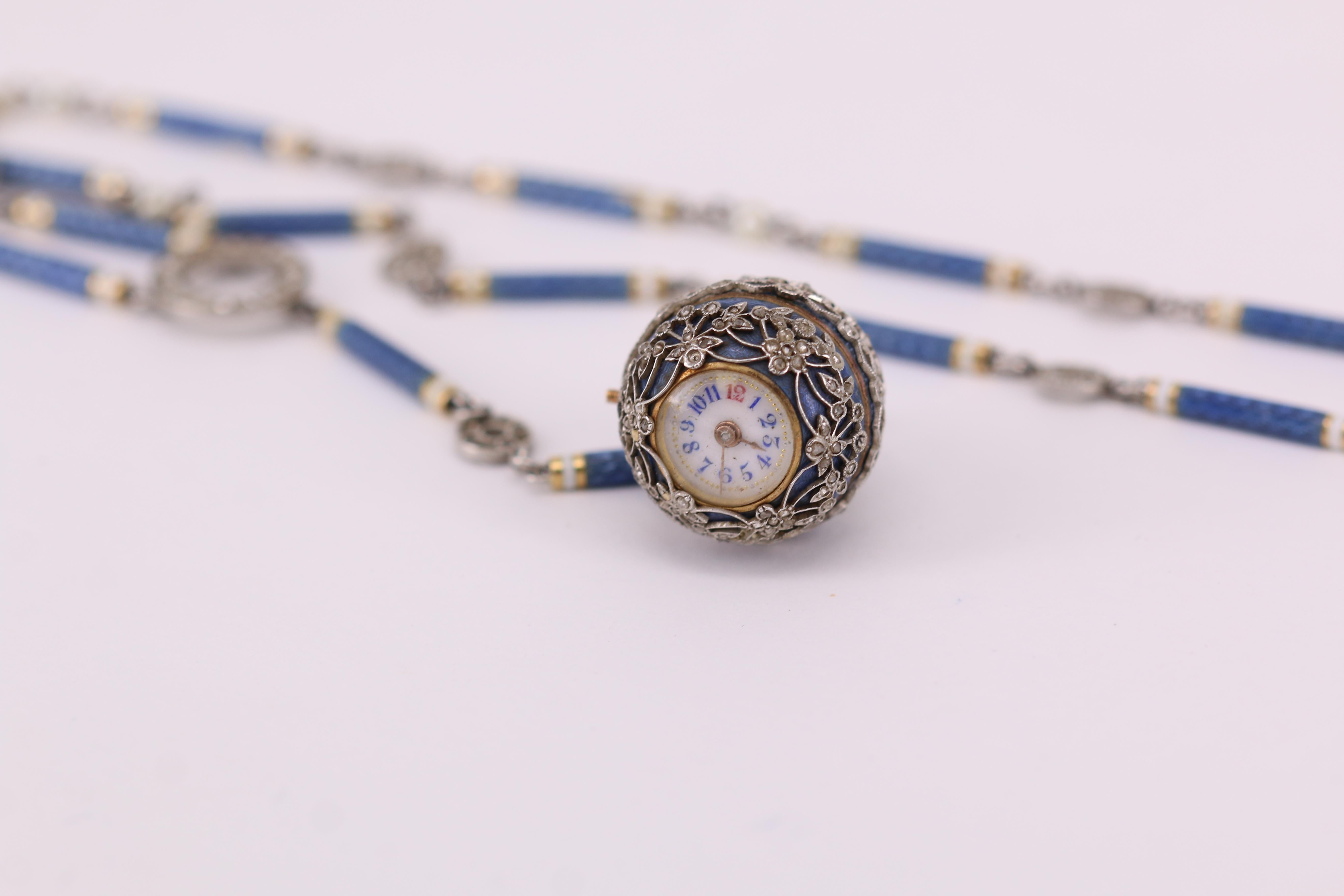 Edwardian Enamel Gold Platinum and Diamond Pendant Watch In Excellent Condition In Banbury, GB