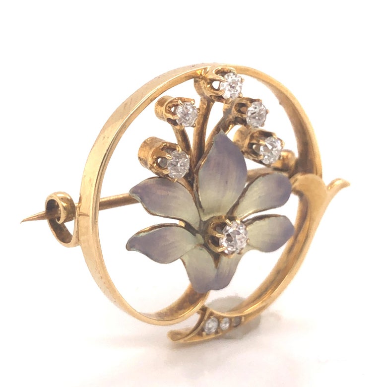 Old Mine Cut Edwardian Enamel Orchid Diamond Floral Brooch Yellow Gold For Sale
